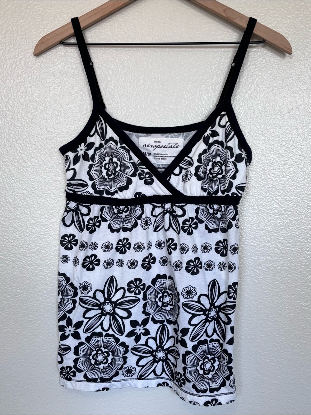 Aeropostale Y2K Floral Cami Women’s M Black White Babydoll Empire Waist